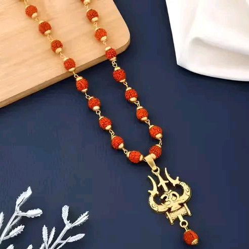 Rudraksha Mala Necklace with Gold Plated Om Trishul Pendant for Men & Women