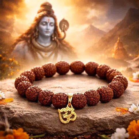 Natural Rudraksha Bracelet with Gold Plated Om Charm