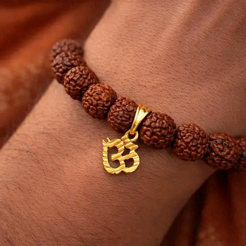 Natural Rudraksha Bracelet with Gold Plated Om Charm