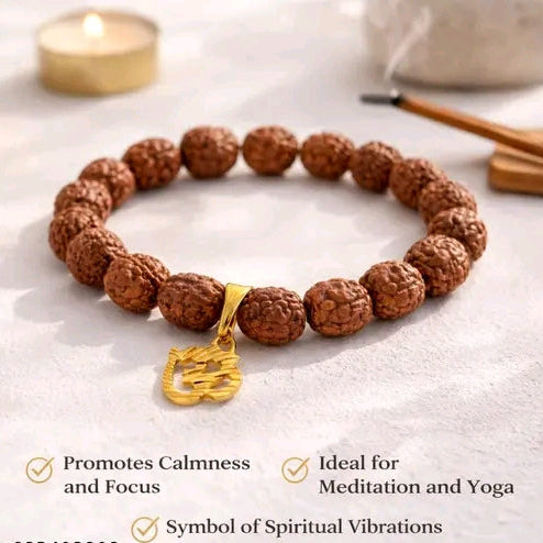 Natural Rudraksha Bracelet with Gold Plated Om Charm