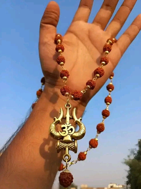 Rudraksha Mala Necklace with Gold Plated Om Trishul Pendant for Men & Women