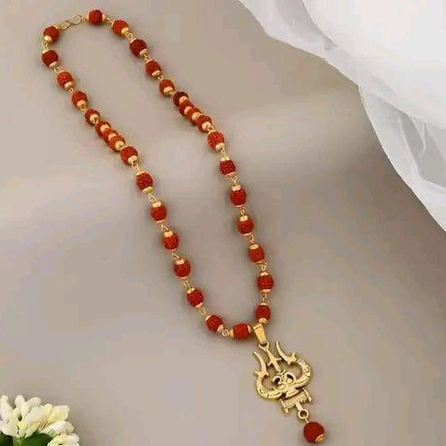 Rudraksha Mala Necklace with Gold Plated Om Trishul Pendant for Men & Women